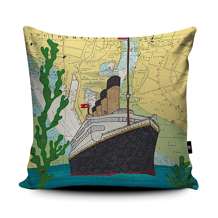 Titanic Southampton faux suede cushion Hannah Wisdom Textiles Hannah Wisdom Textiles